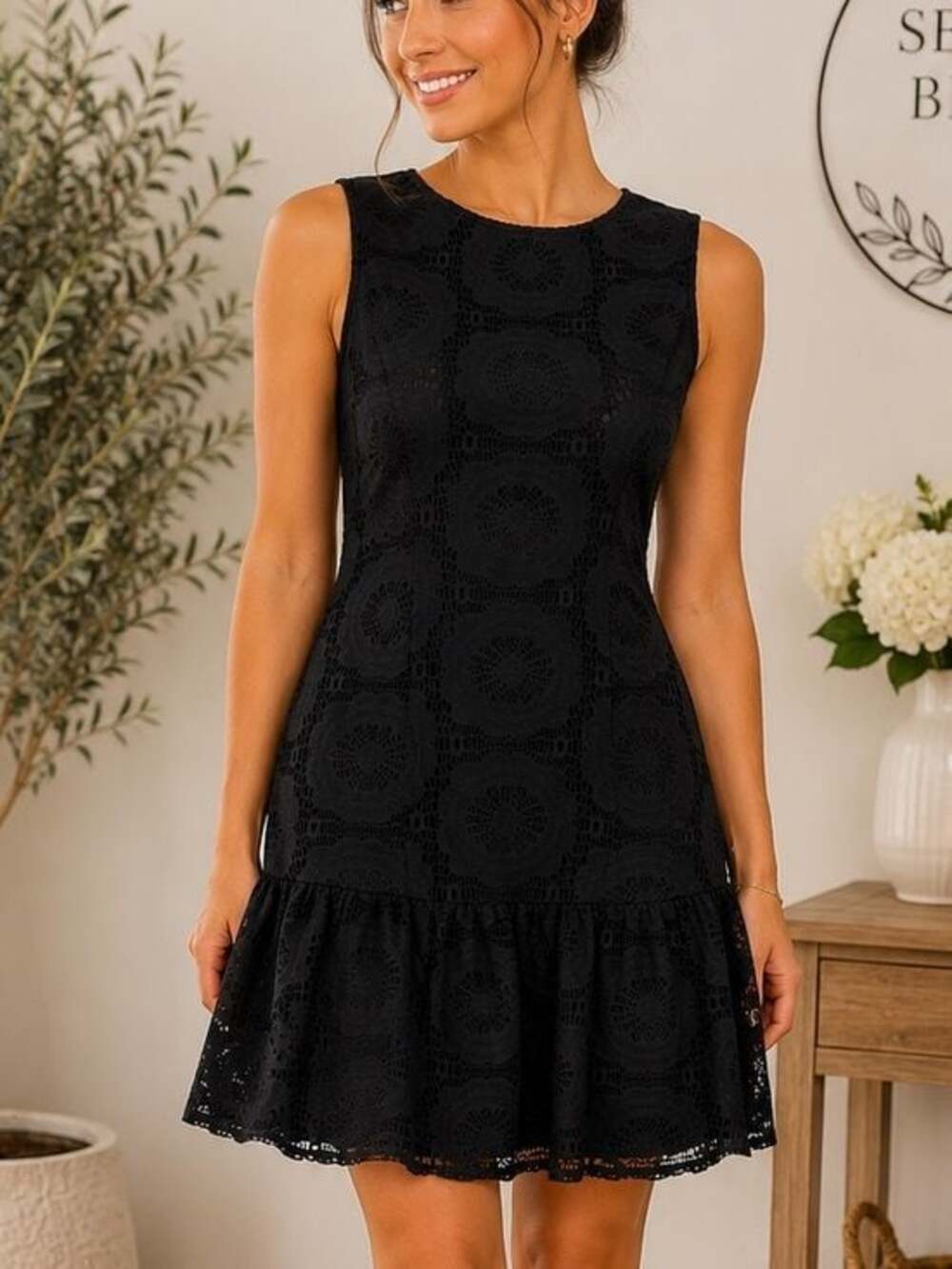 Maggy London Black Lace Drop Waist Ruffle Dress Size 8